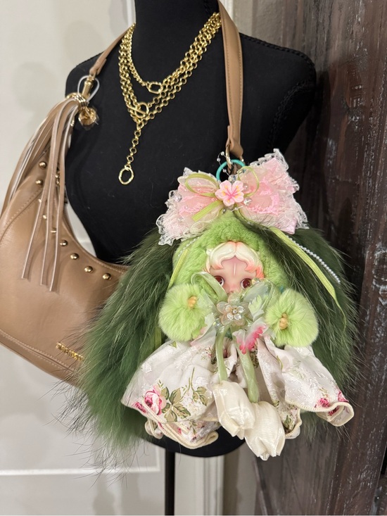 Custom Skullpanda Fur Bag Accessory with Pink Ribbon
